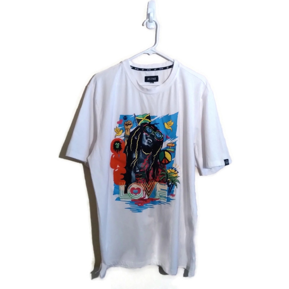 Bob Marley One Love Graphic Puff Print Distressed White T-Shirt Sz 3XL